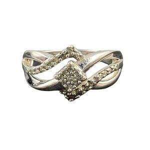 Vintage Sterling‎ Silver 25 Natural Diamond Crossover Ring SUN .925 Size 6.75